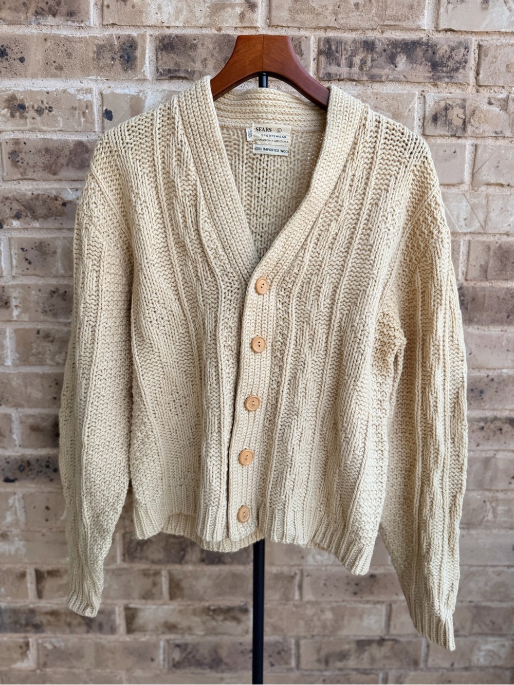 Rare Vintage Sears Cream Shawl-Collar 100% Wool Chunky Button Cardigan Large